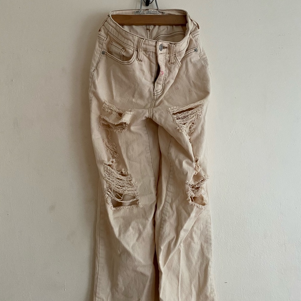 Cream Distressed Boyfriend Cut Denim